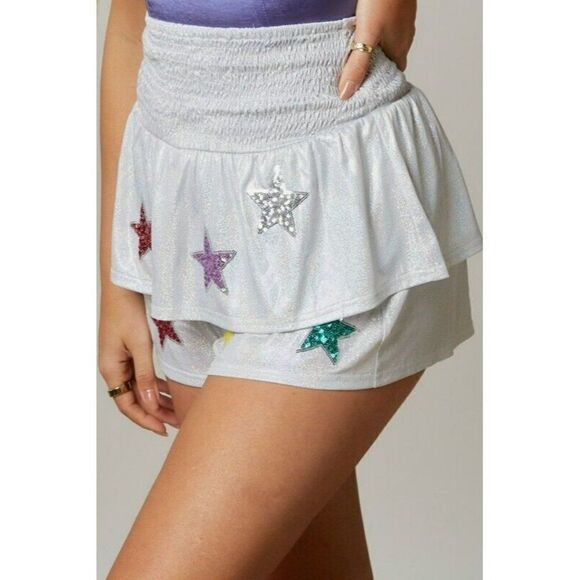 Peach Love All the Stars R Closer Layered Sequin Star Shorts Silver IKP54111-01 - Picture 5 of 12